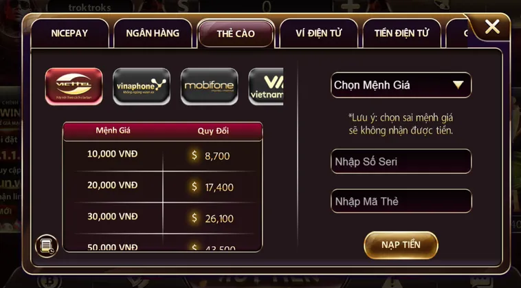 Nạp tiền vào tài khoản Sunwin bằng thẻ cào - hỗ trợ mọi nhà mạng - an toàn tuyệt đối.